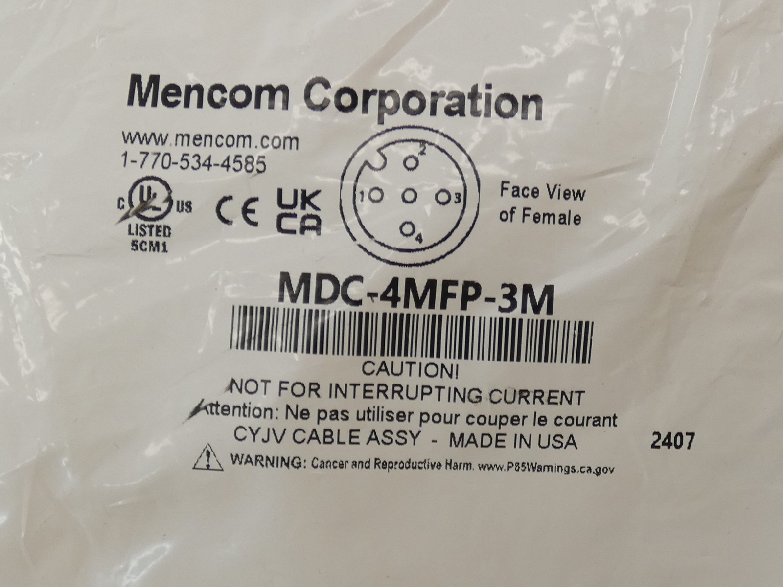 Mencom MDC-4MFP-3M Yellow Cable Cordset 3M 300V 4A - NEW Surplus!