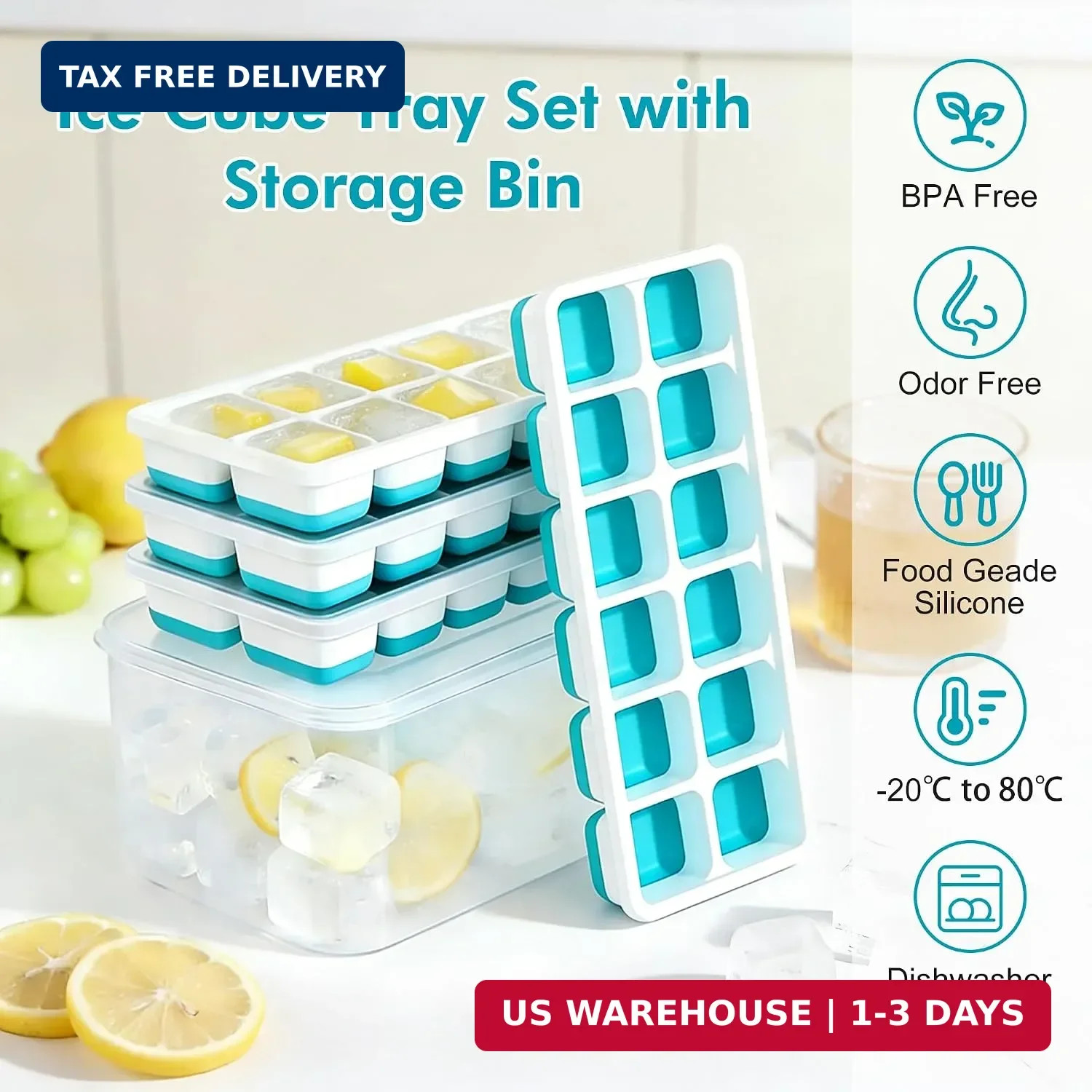 NFK Ice Cube Tray with Lid & Bin - 4 Pack 48 Cubes Stackable Silicone Trays for