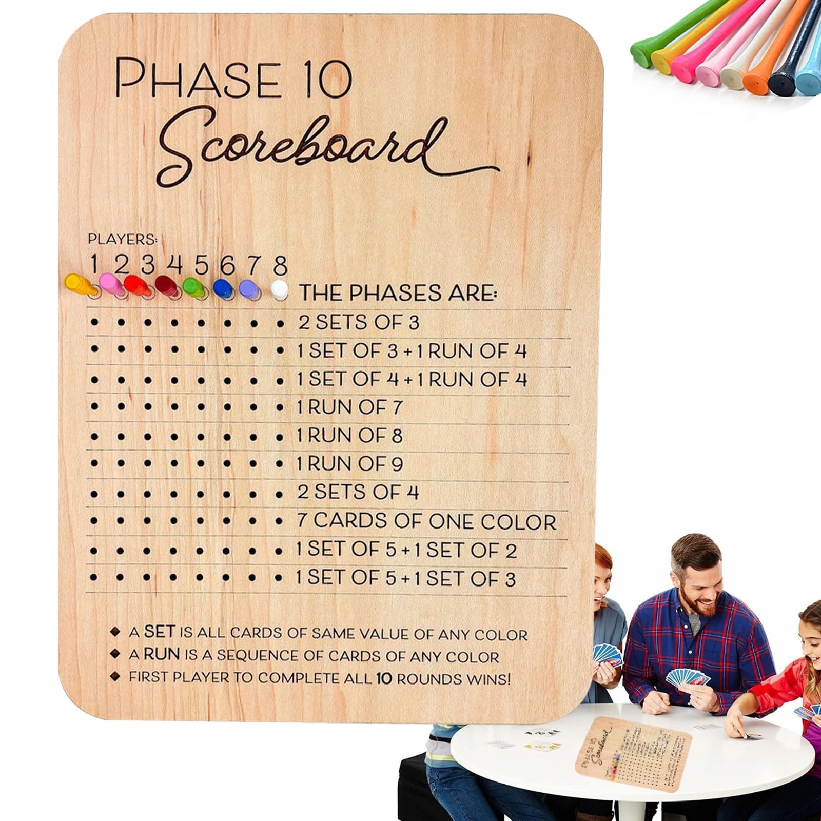Phase 10 Score Board, Wooden Scoreboard with 8 Colored Pegs for Multicolor