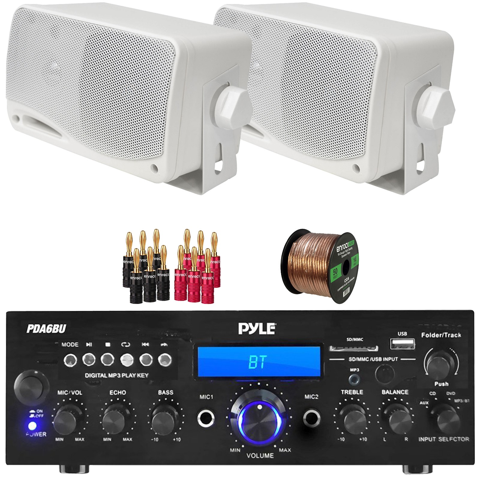 Pyle PDA6BU 200W Bluetooth Stereo Receiver, 2x 3.5'' 200W Speakers, Banana Plugs