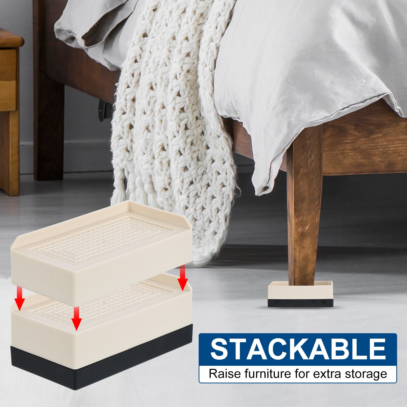 4Pcs Furniture Risers 3" Rectangle Bed Risers Adjustable Desk Sofa Riser Beige