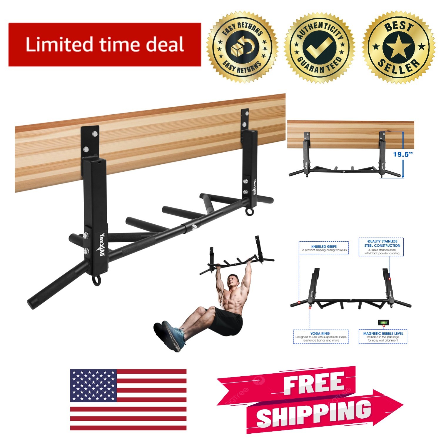 Heavy-Duty Pull-Up Bar – Wall-Mounted with Multiple Grips & High Weight Capacity
