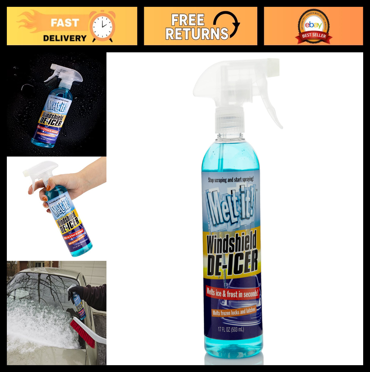 "Instant Ice Melt Spray for Windshields, Windows & Locks - 17 Fl Oz De-Icer Liqu