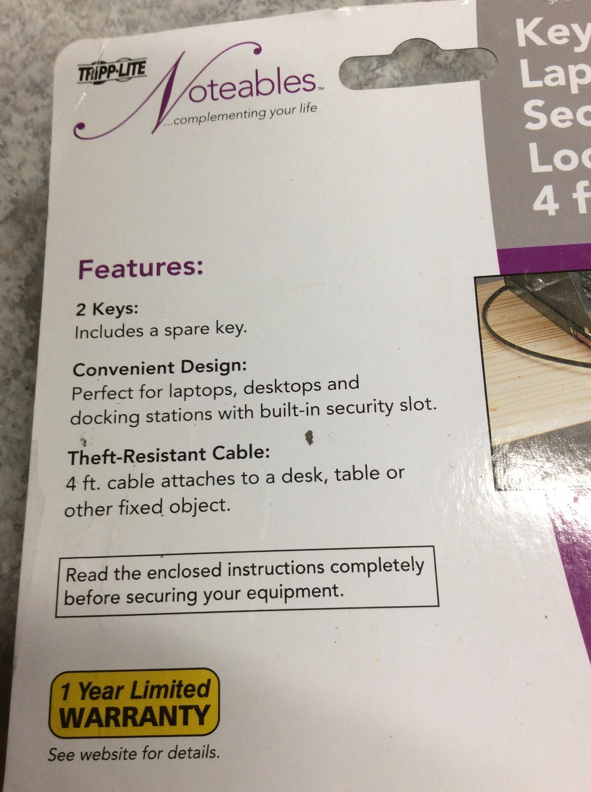 Tripp Lite Keyed Laptop Security Lock w/ 4ft. Cable SEC4K