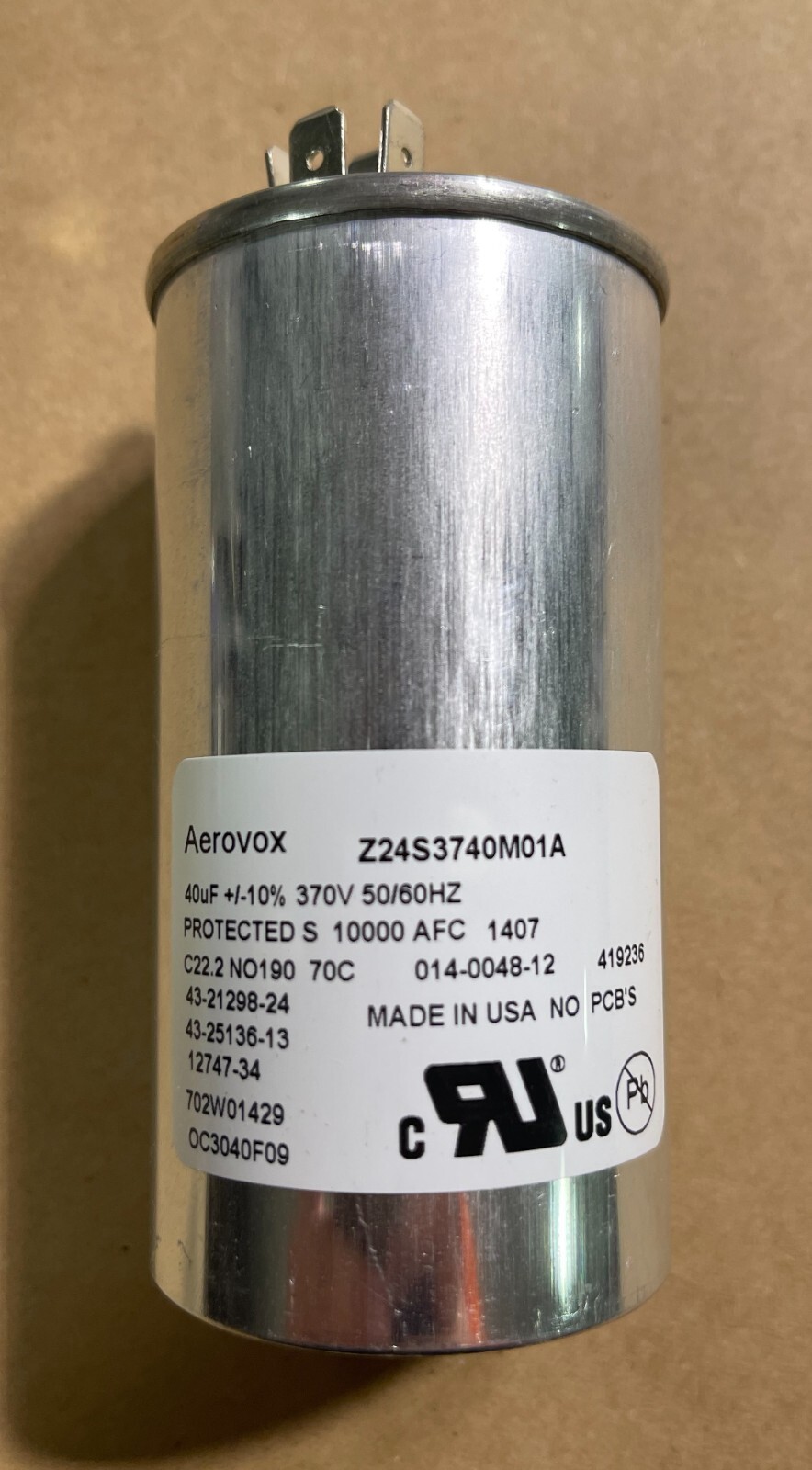 New 1-pc Aerovox Capacitors Z24S3740M01A 40uF 370V 50/60Hz 10000AFC MADE IN USA