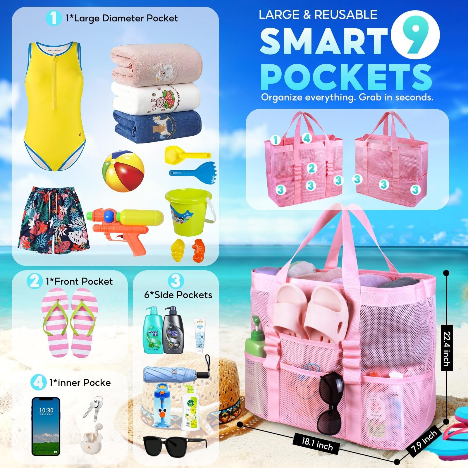 Large Mesh Beach Bag – Lightweight Beach Tote with 9 Pockets, Beach Bag fo