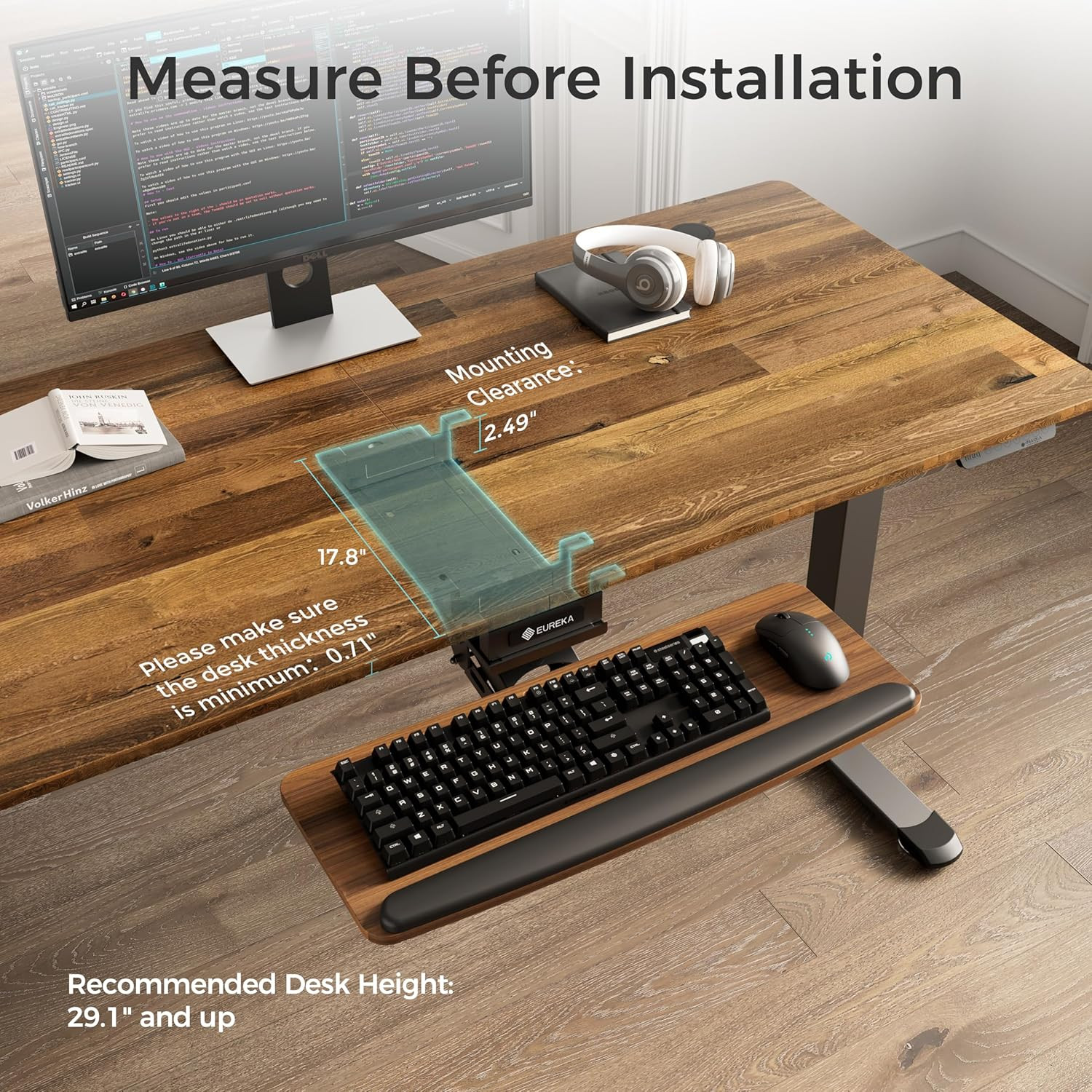 Adjustable Keyboard Tray with Mouse Pad - Walnut Sliding Drawer Under Desk