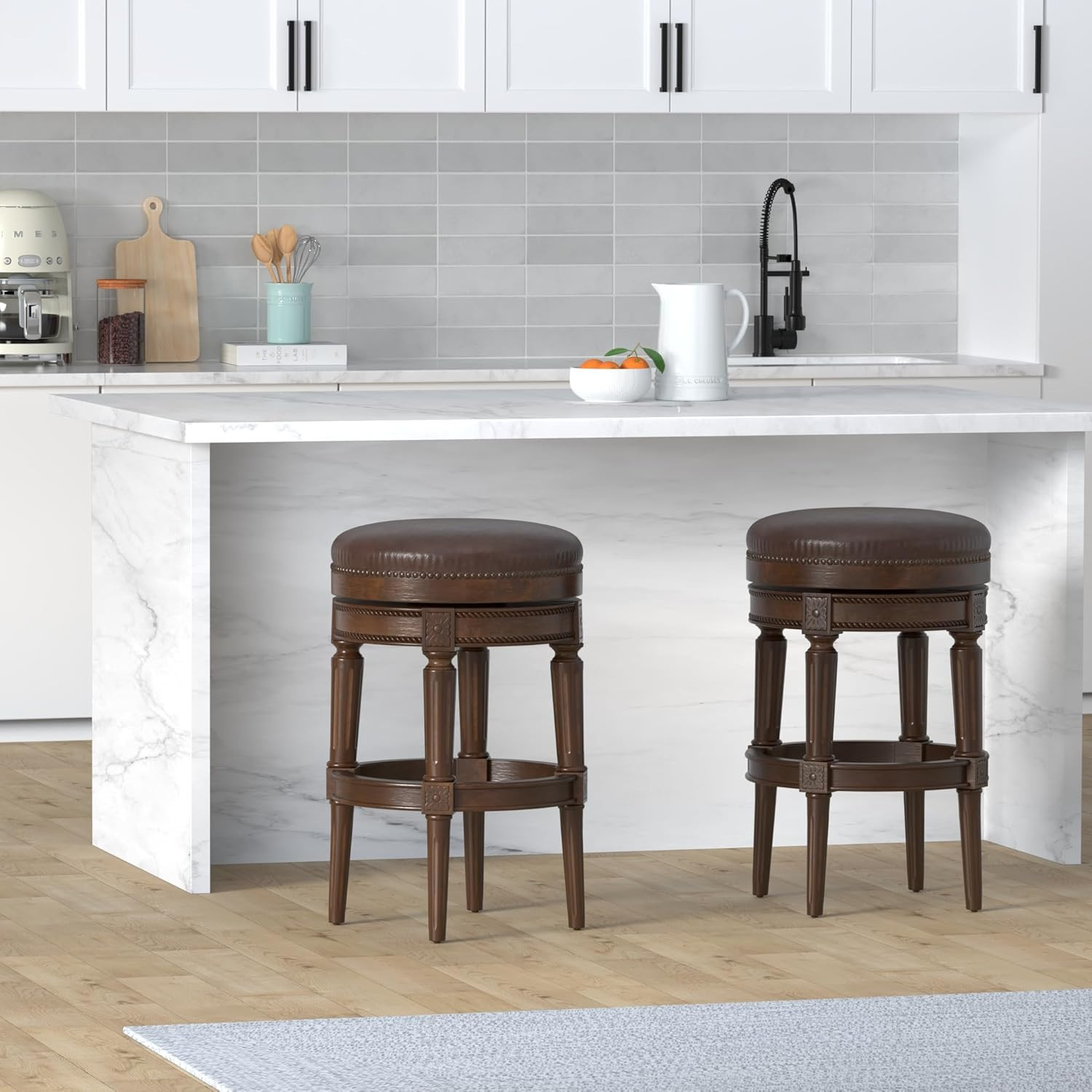 31" Dark Walnut Backless Barstool with Vintage Brown Vegan Leather Seat