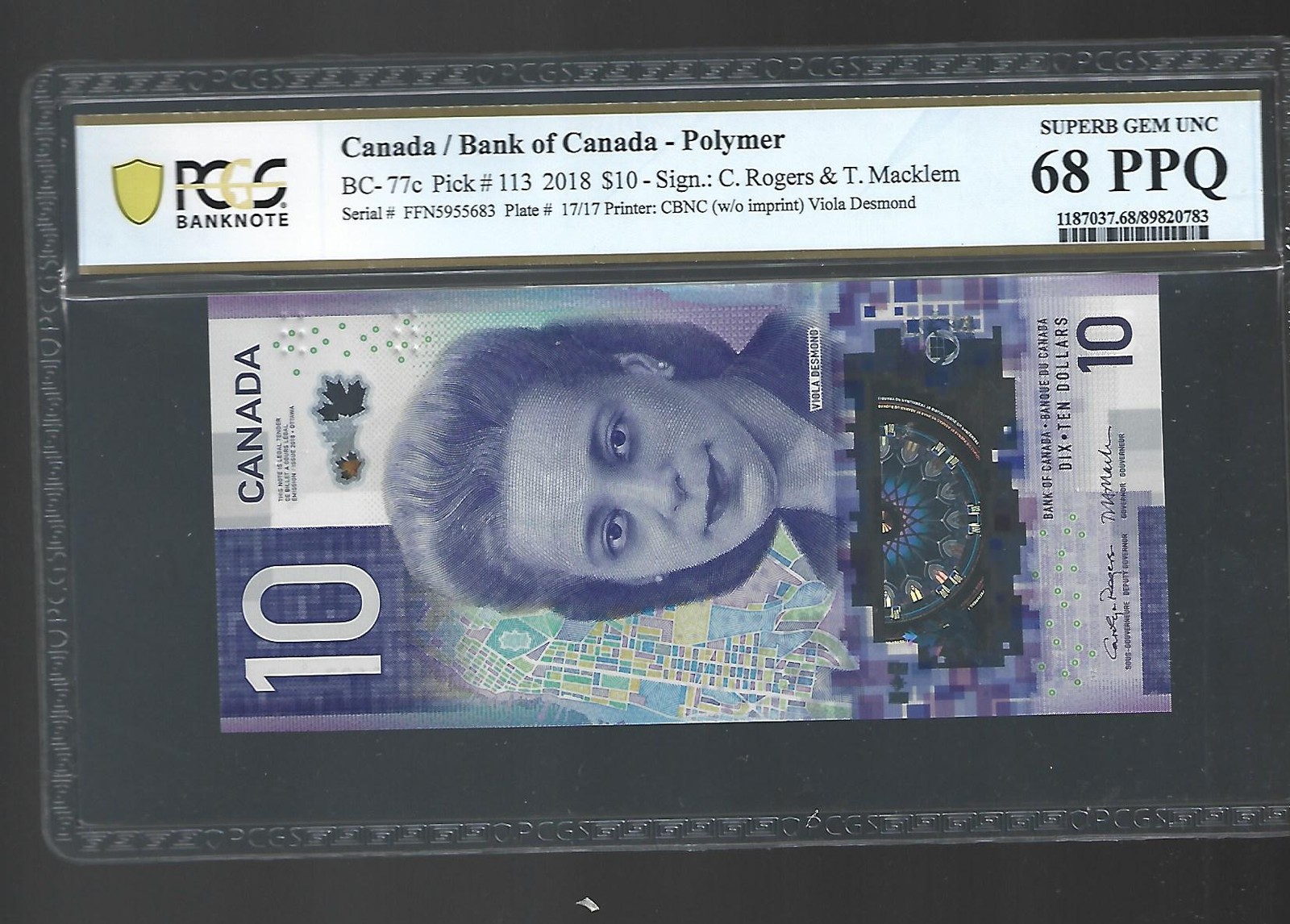 Canada/Bank of Canada Pick#113 2018 $10 PCGS 68 PPQ#83