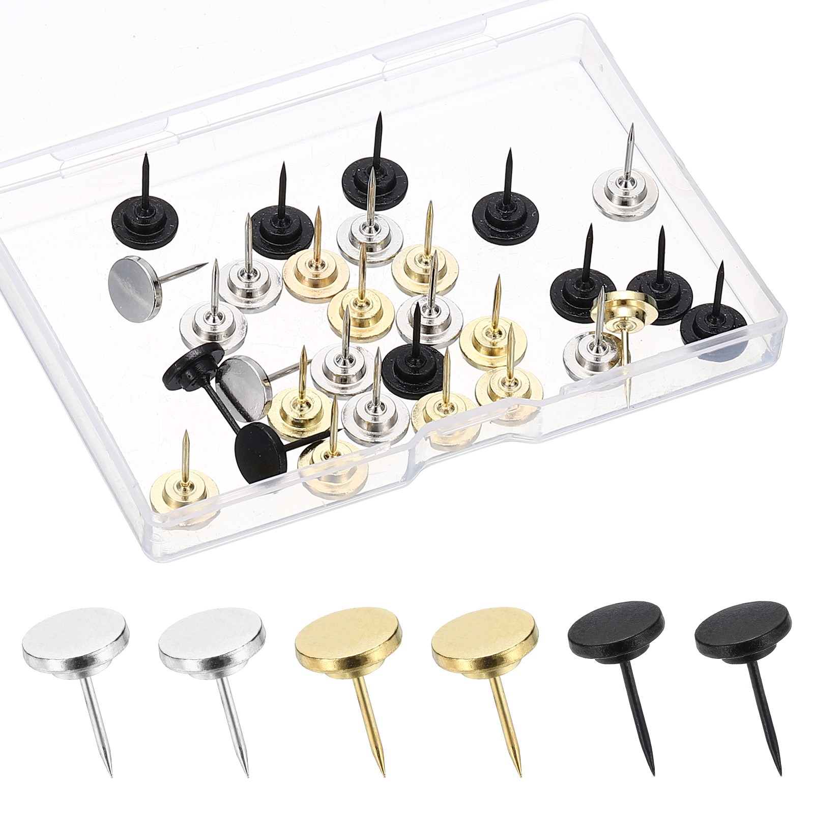 10 Pcs Flat Push Pins, Metal Thumb Tacks for Wall, Black/Silver Tone/Gold Tone
