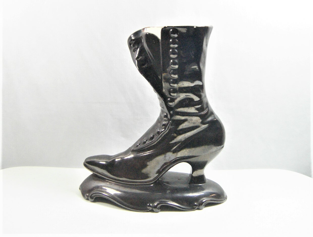 Vintage Atlantic Mold Black Victorian High Top Button Boot Planter Vase 10.5"