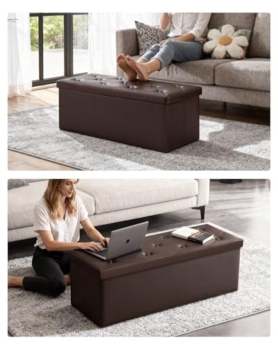 Storage Ottoman Bench, 43 Inches Folding Ottoman with 2 Dividers, PU Brown