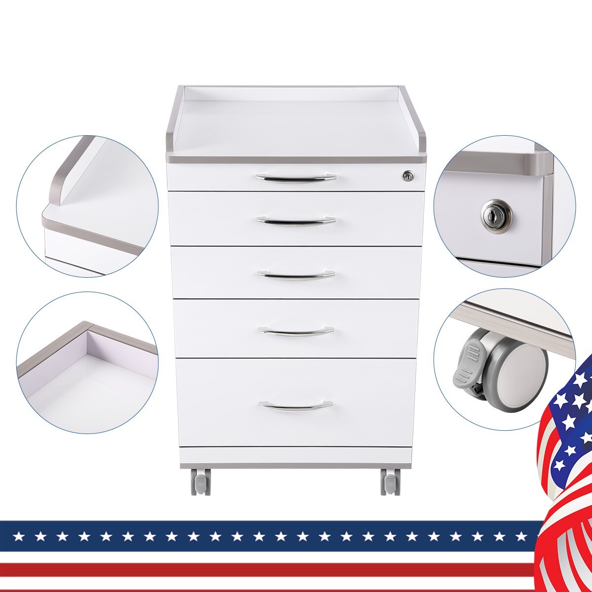 Dental Trolley Mobile Medical Tool Cart Storage Cabinet with Socket 4 Drawers
