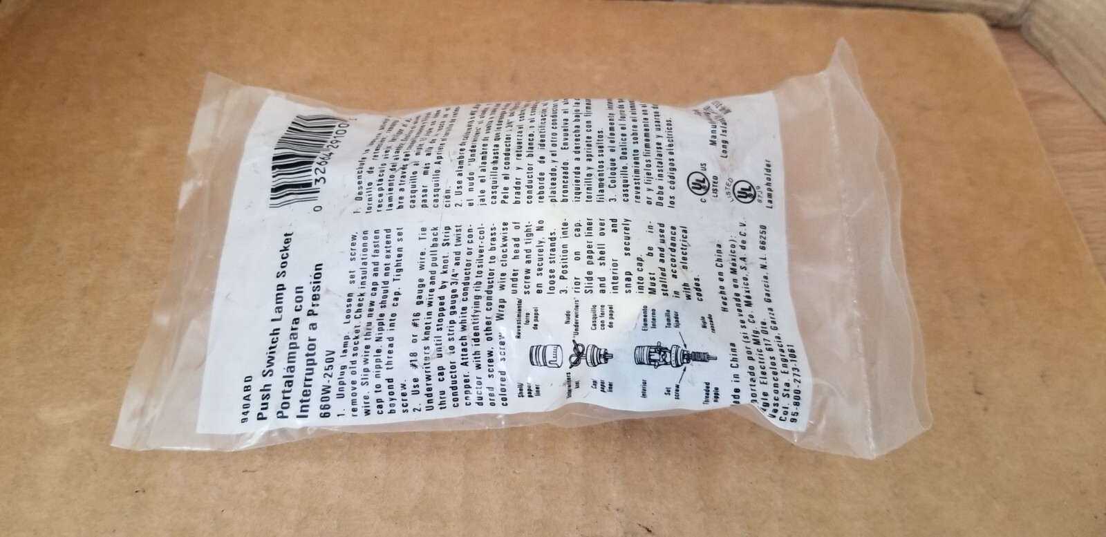 Eagle 940ABD Brass Push Switch Lamp Socket, NOS