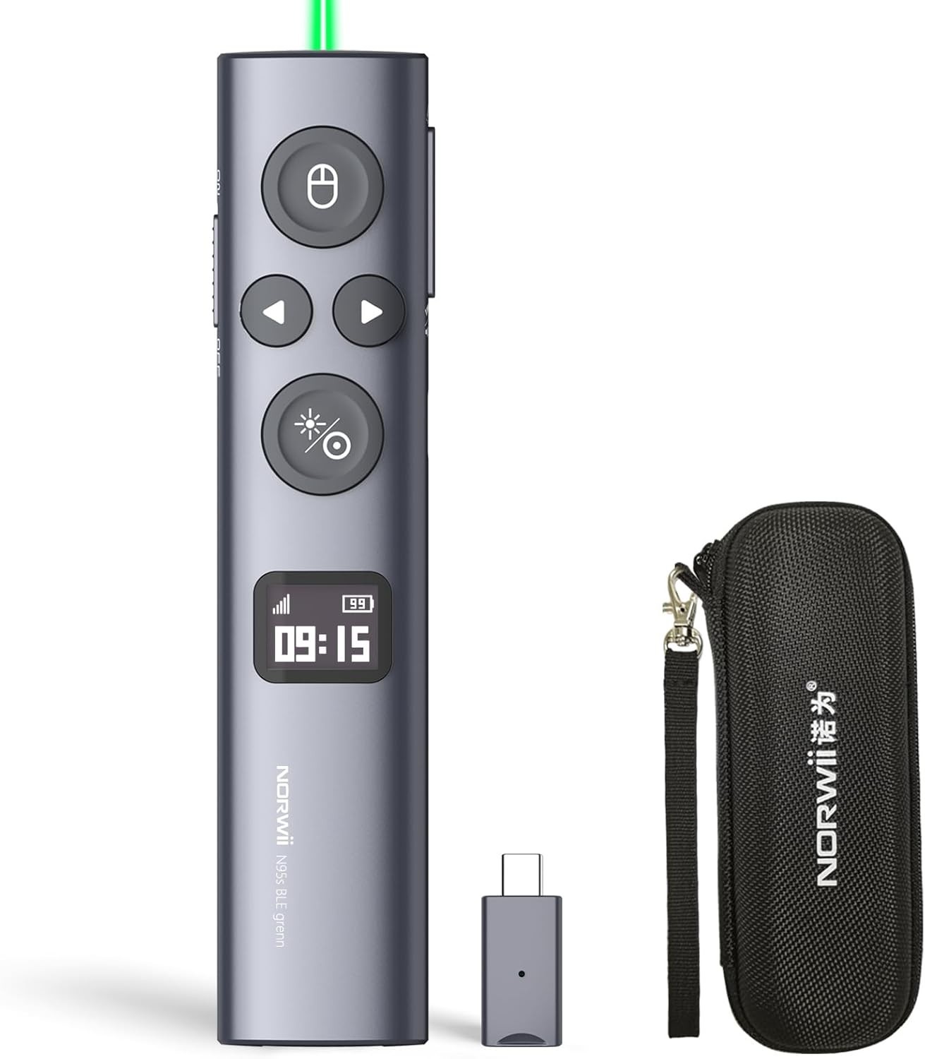 New Norwii N95s BLE Presentation Clicker w/ Digital Pointer USB-C Green Light
