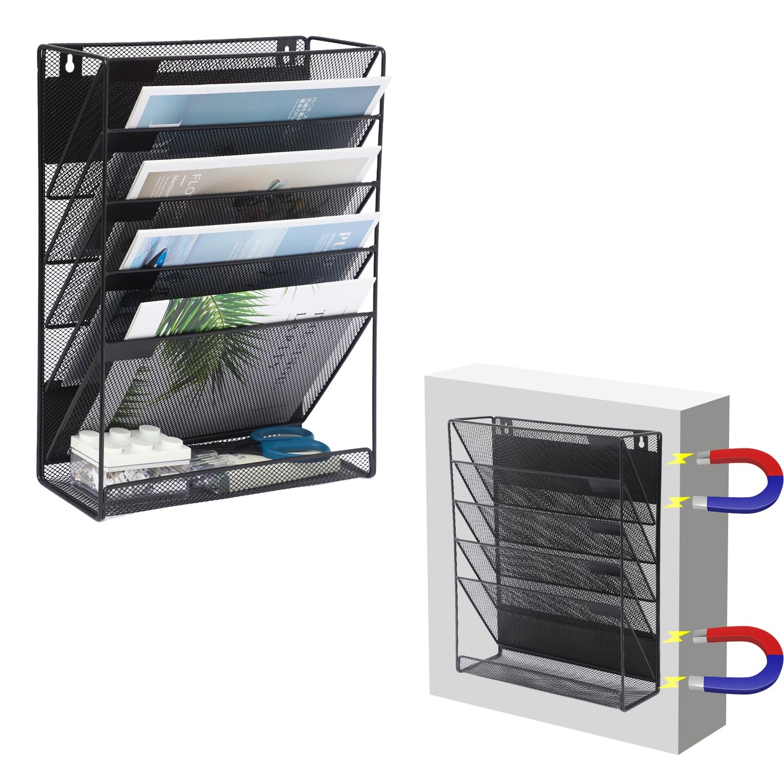 Magnetic File Organizer Mesh 6-Tier, Hanging Wall Mount File Organizer Vertic...