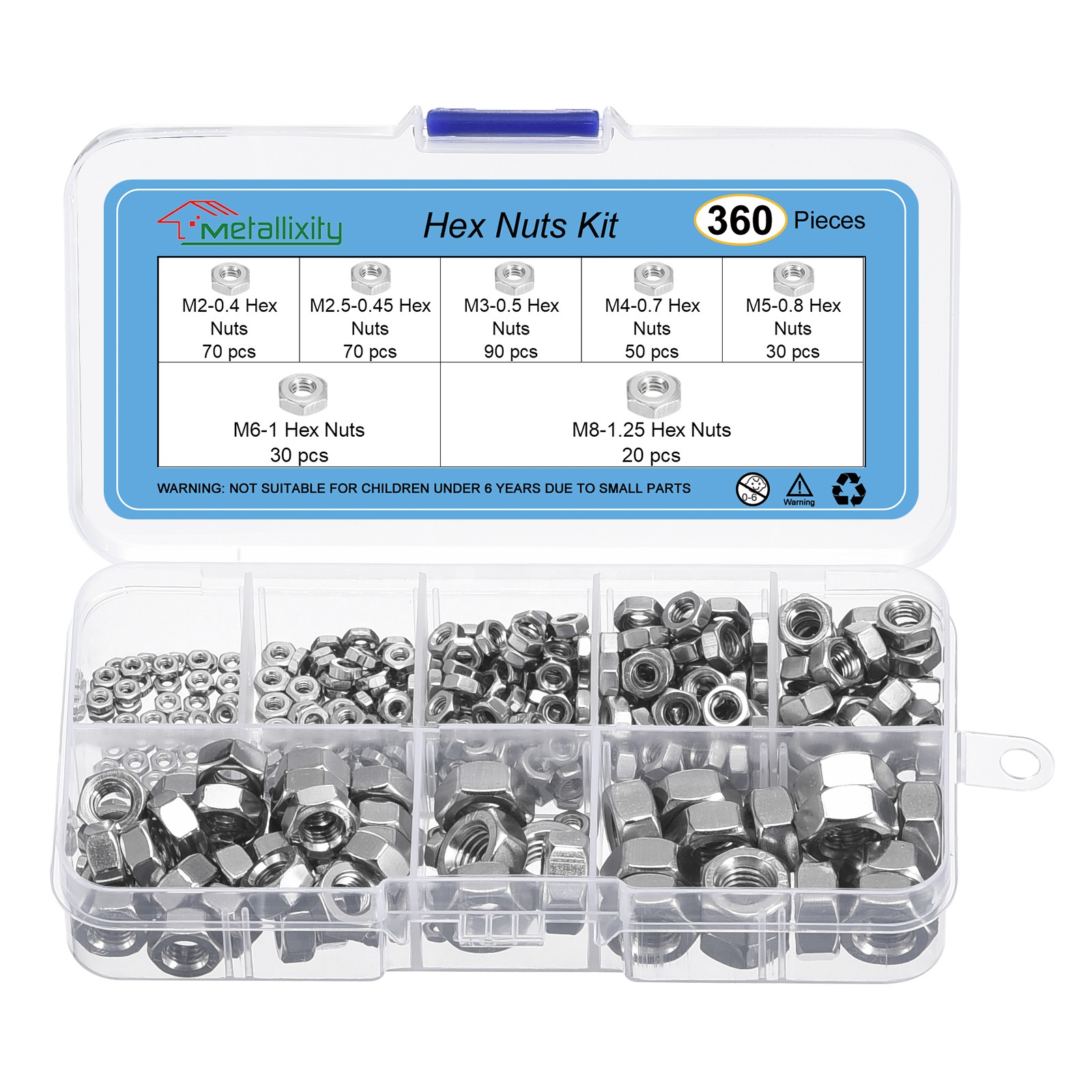 Hex Nuts Assortment Kit (M2-0.4 M2.5-0.45 M3-0.5 M4-0.7 M5-0.8 M6-1) 360Pcs
