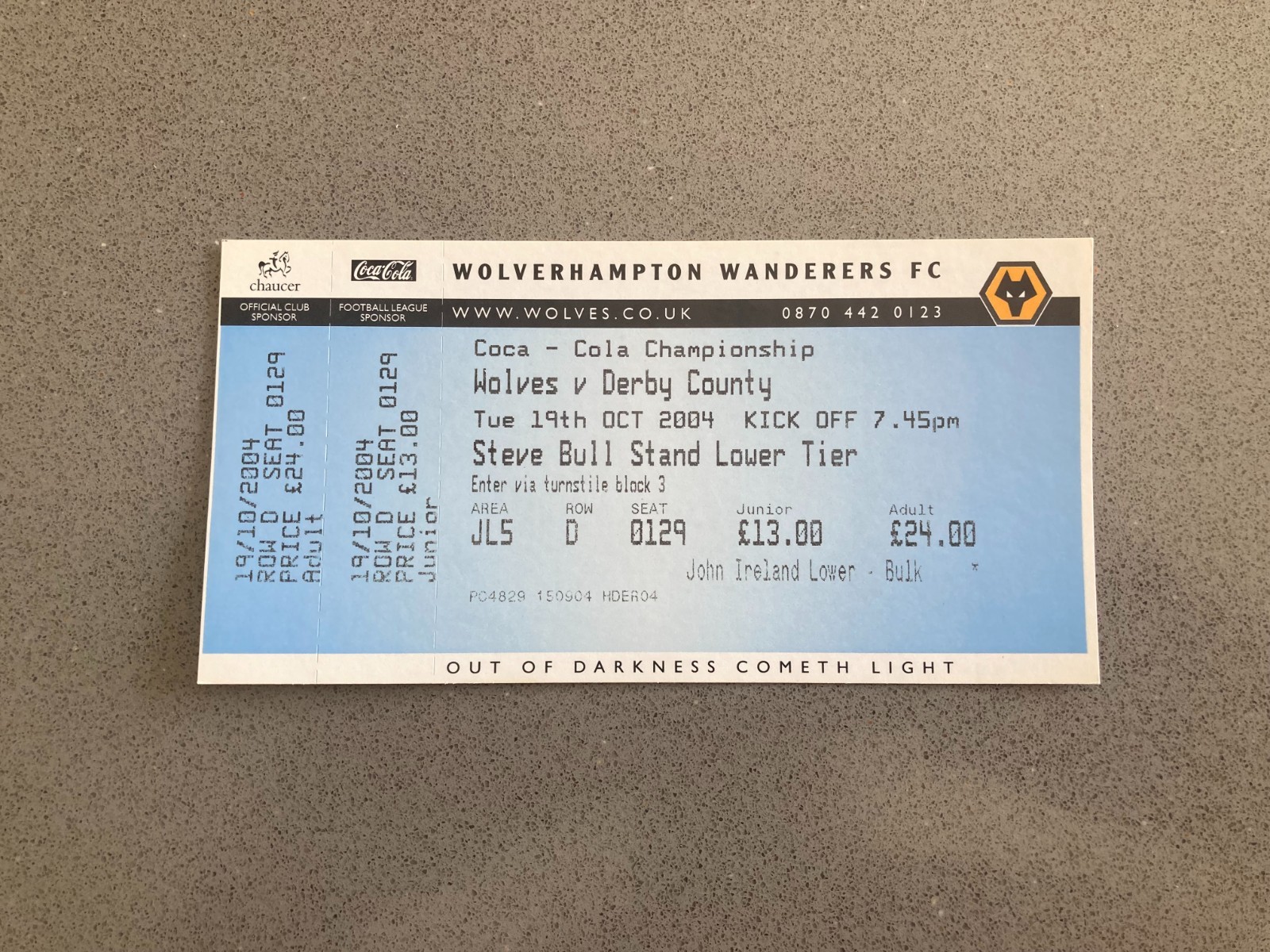 Wolverhampton Wanderers v Derby County 2004-05 Match Ticket