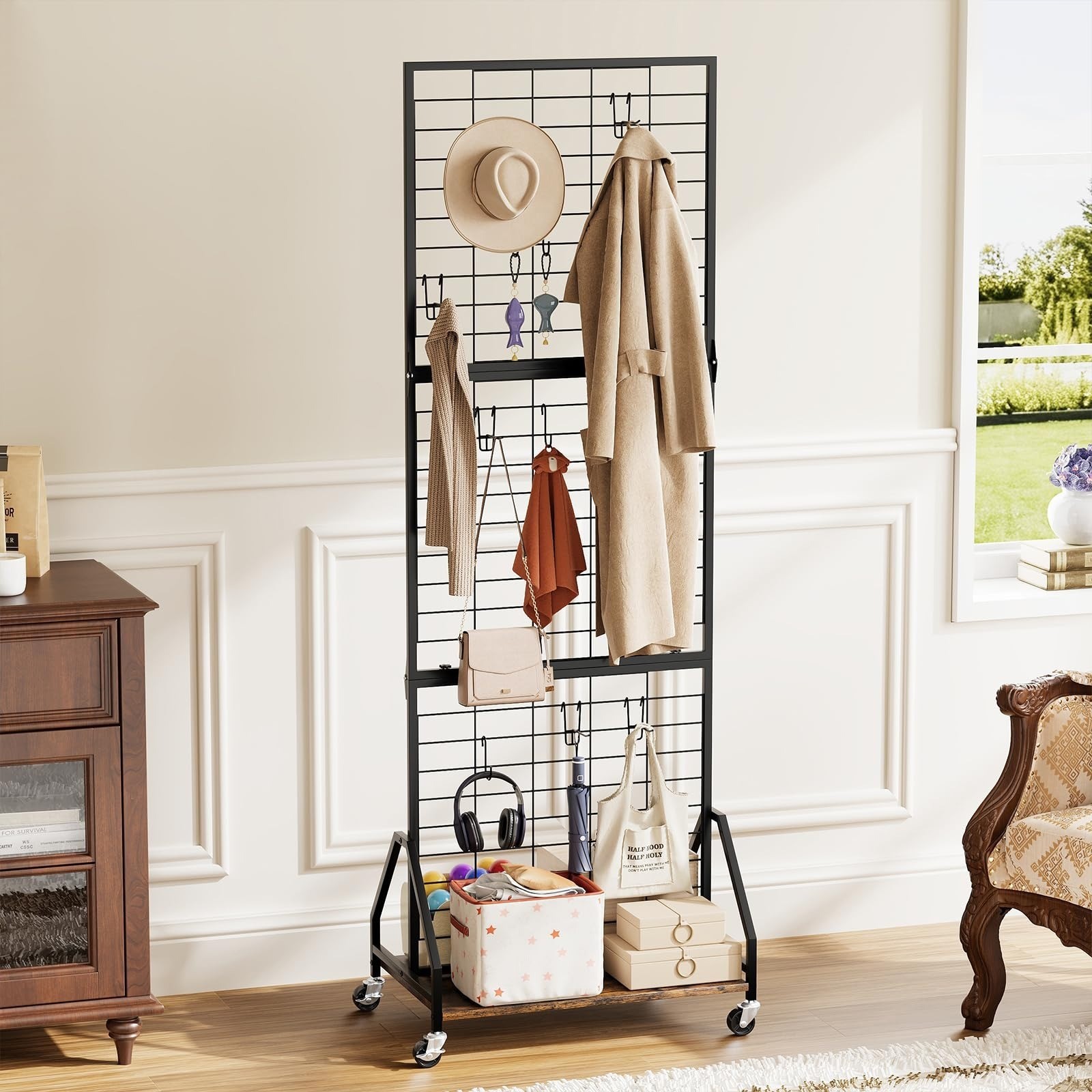 ELYKEN Foldable Grid Wall Panels Display Rack with Wheels & Storage Shelf