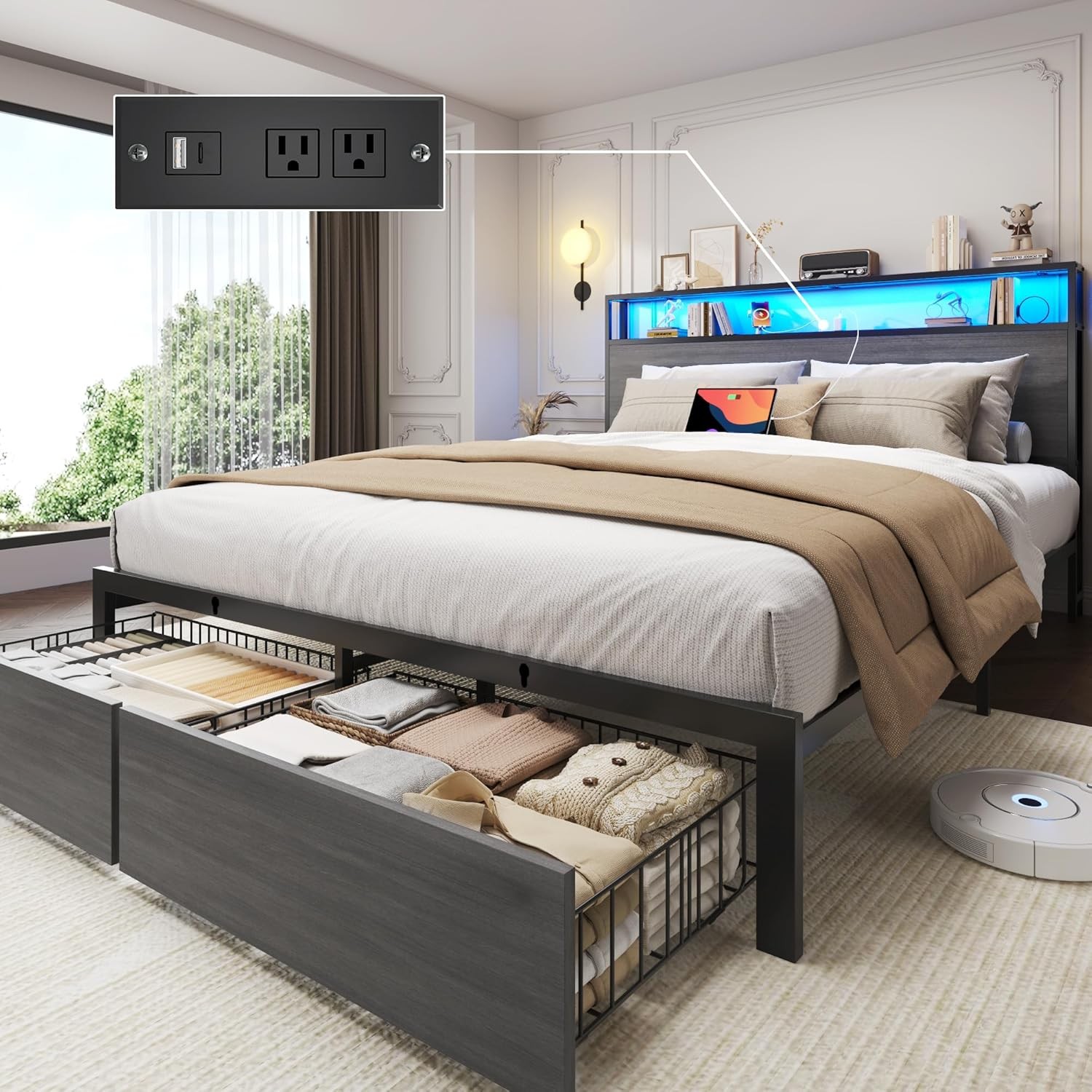 Queen Full Size Bed Frame with Storage Headboard &Charging Station＆ LED Lights