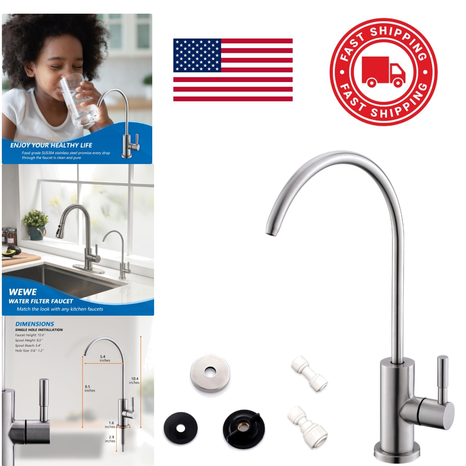 Food Grade Drinking Water Faucet Stainless Steel Brushed Nickel Leak Resistant
