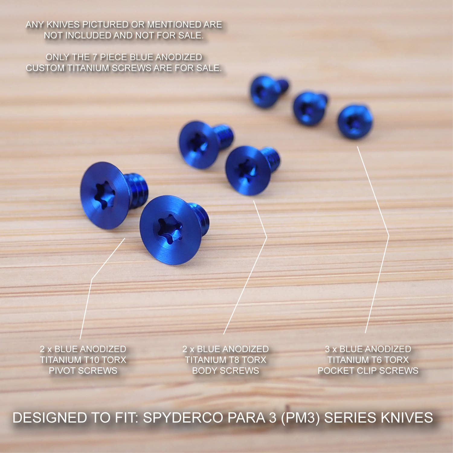 Spyderco Paramilitary Para 3 PM3 Custom Titanium 7pc BLUE Anodized Screw Set