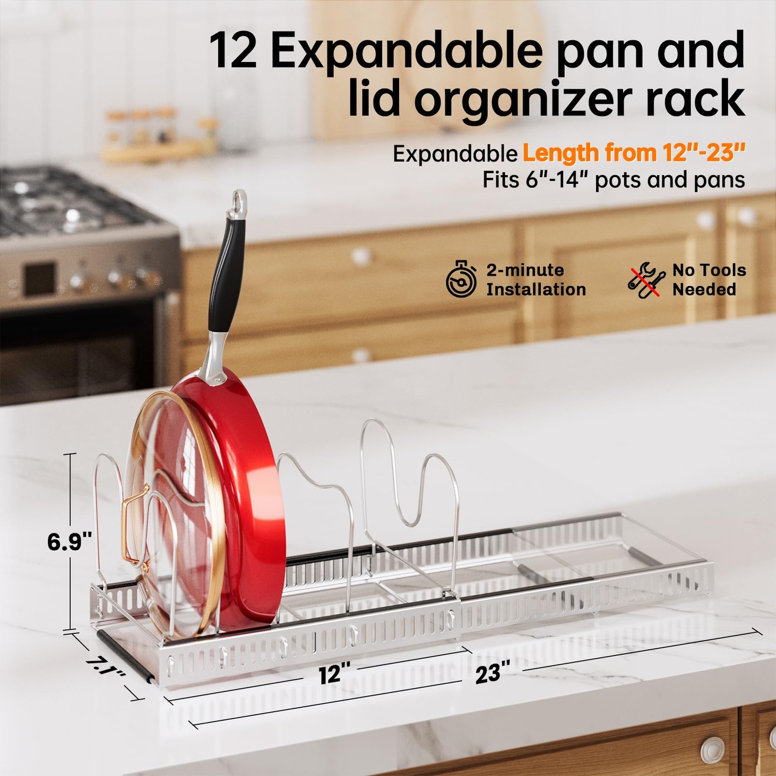 Cabinet Mount Pot Rack, 12 Adjustable Sections, Kitchen Storage, Silver
