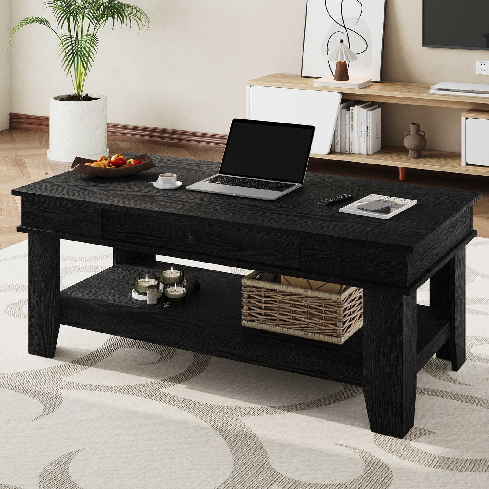 Rustic Coffee Table for Living Room Long Rectangular Center Table with Drawer