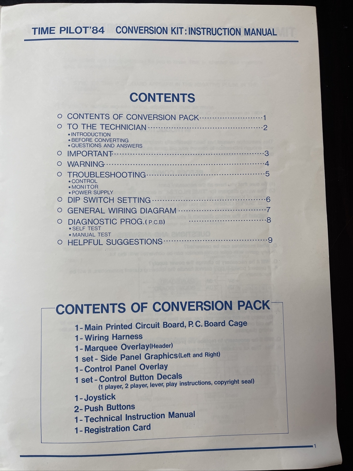 Konami’s Time Pilot 84 Conversion Kit Instrution Manual Original
