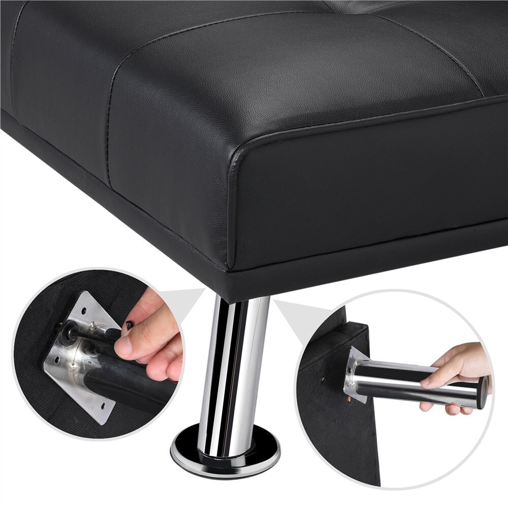 Faux Leather Sofa Bed Convertible Futon Sofa with 2 Throw Pillows Cup Holders