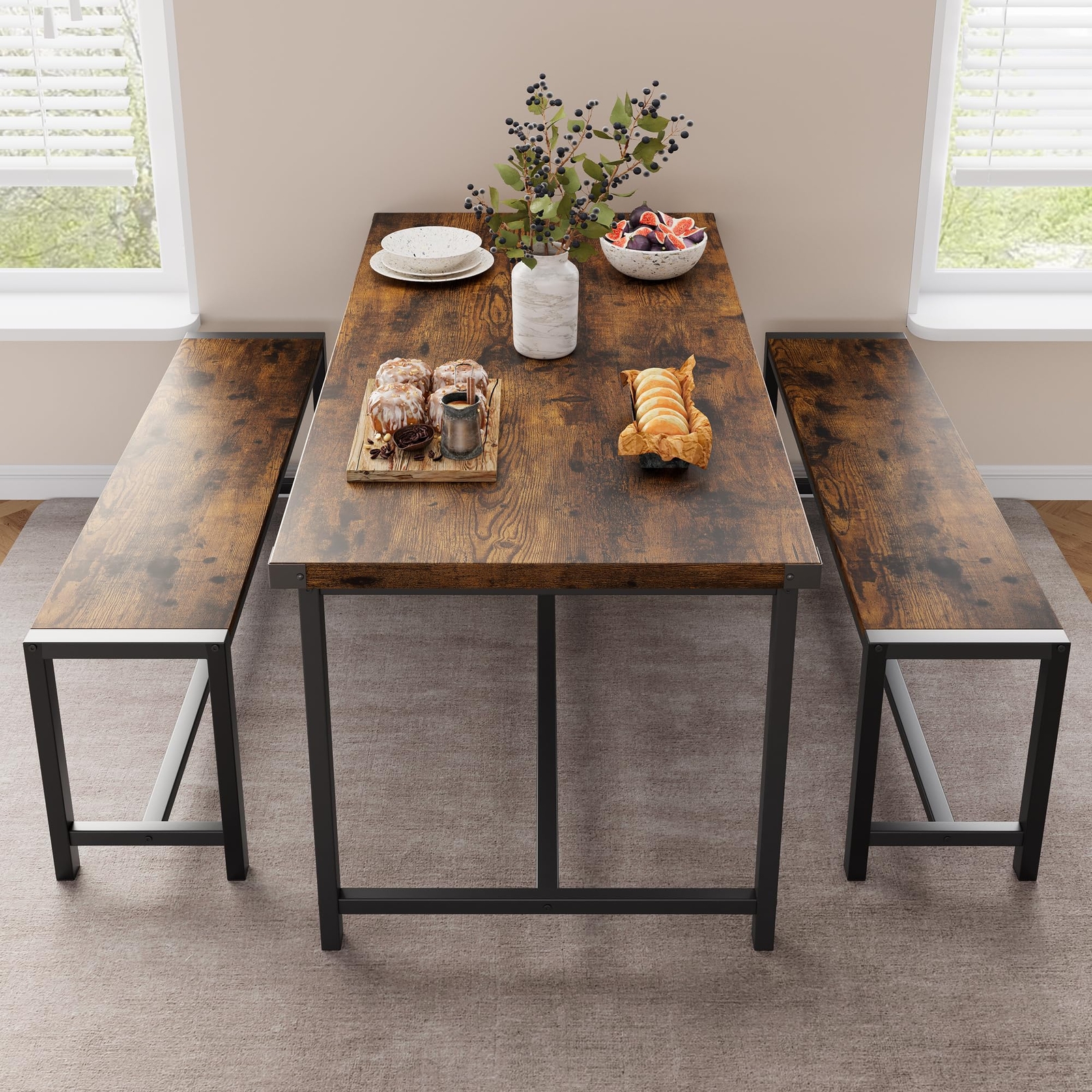 3 Piece Dining Table Set for 4 ,Rectangular Kitchen Table and 2 Benches Dinette