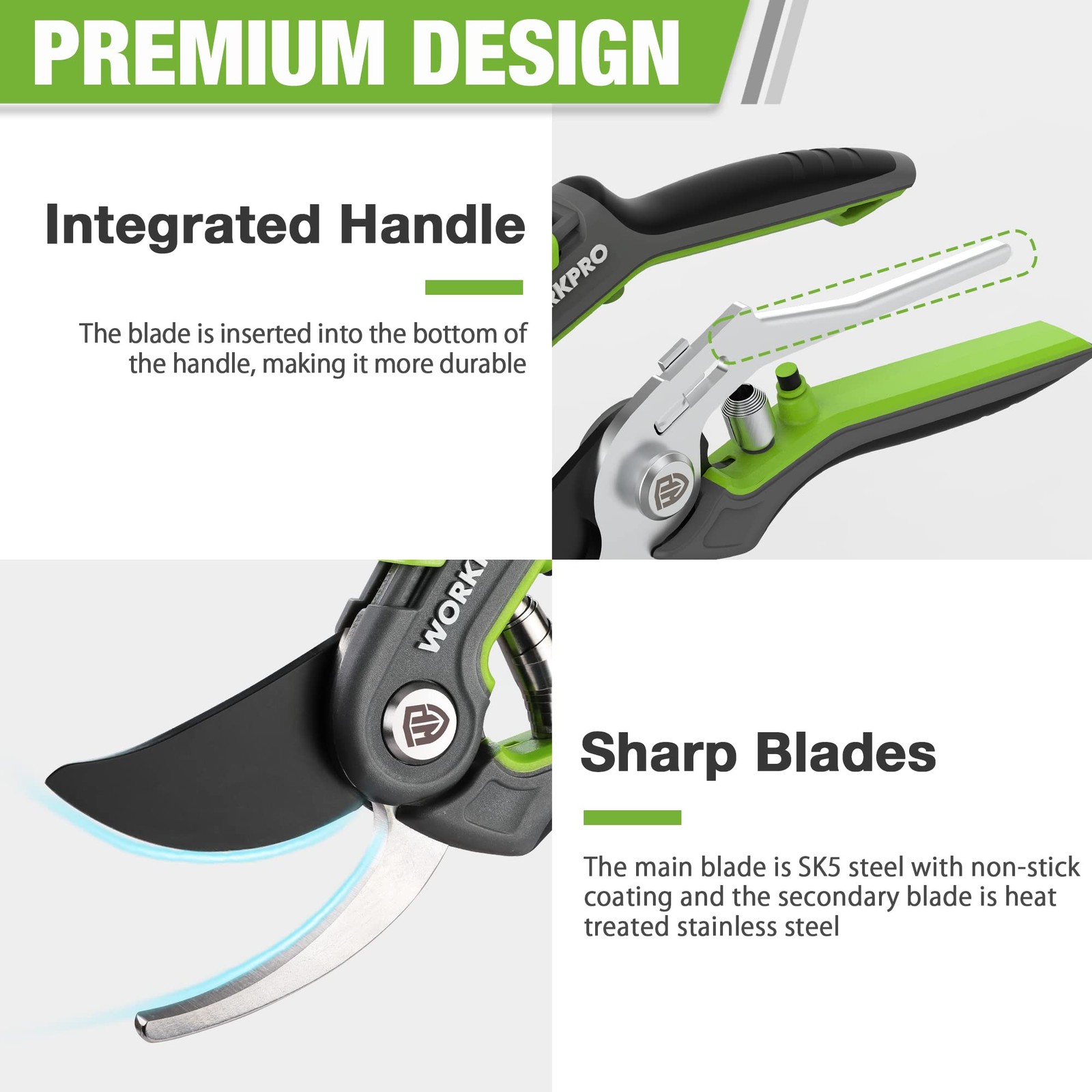WORKPRO Garden Pruning Shears 2 Pack, 8" Bypass Green, Grey, Black
