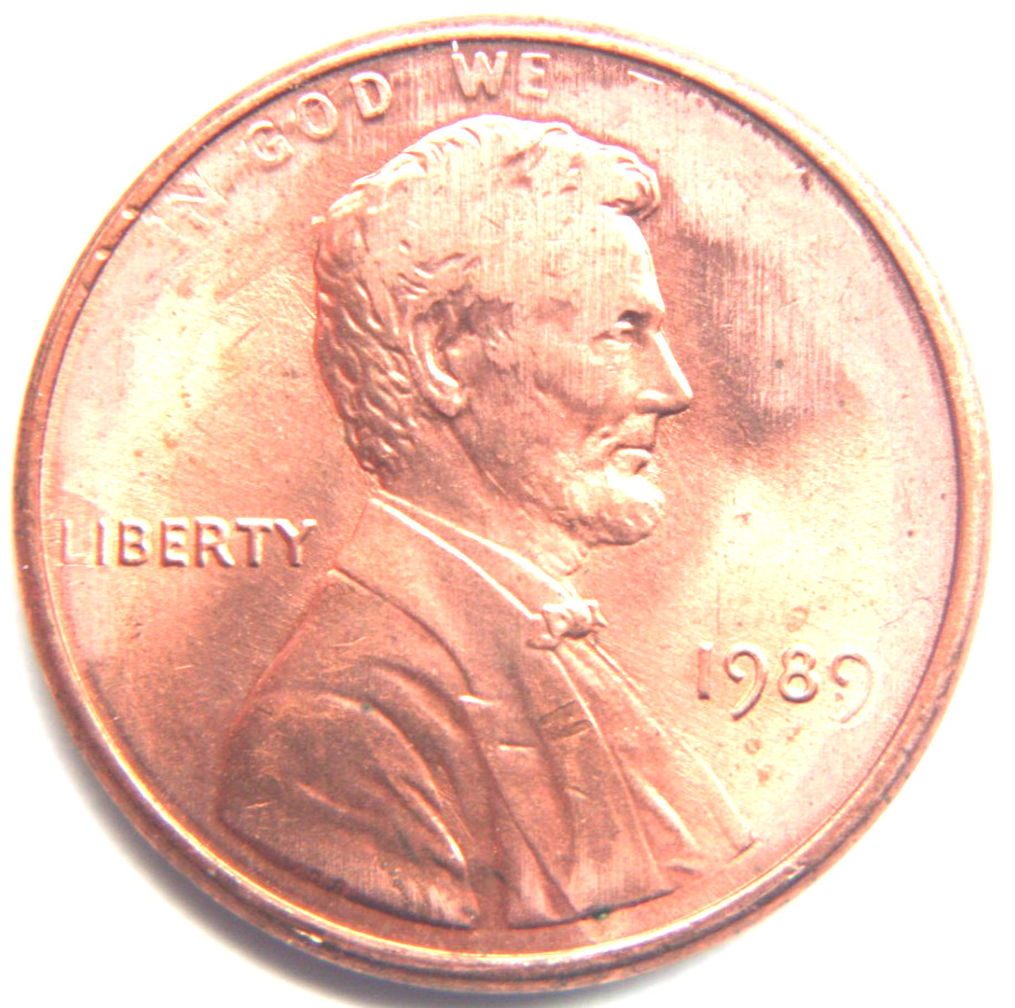 1989 Lincoln Memorial Cent Struck through thru grease   RED