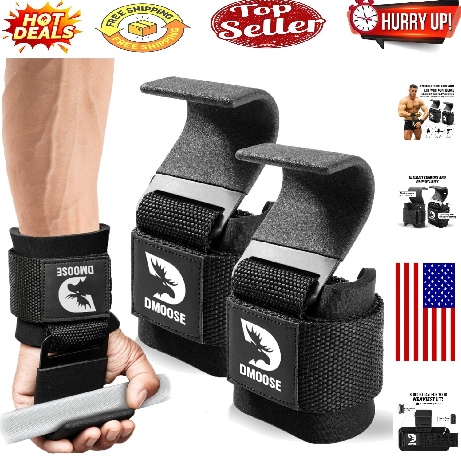 Ambidextrous Weight Lifting Hooks with Slip-Free Grips – for All Fitness Levels