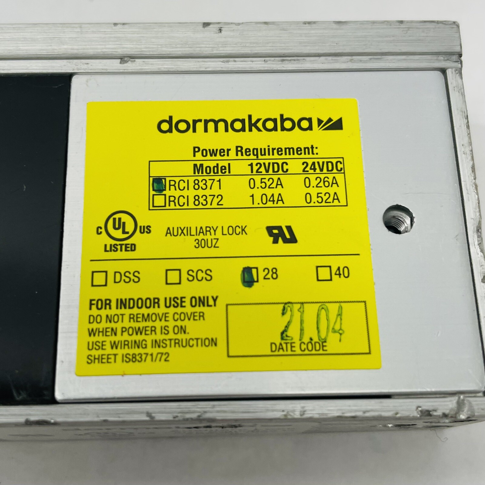 RCI DORMAKABA AUXILIARY LOCK RCI8371