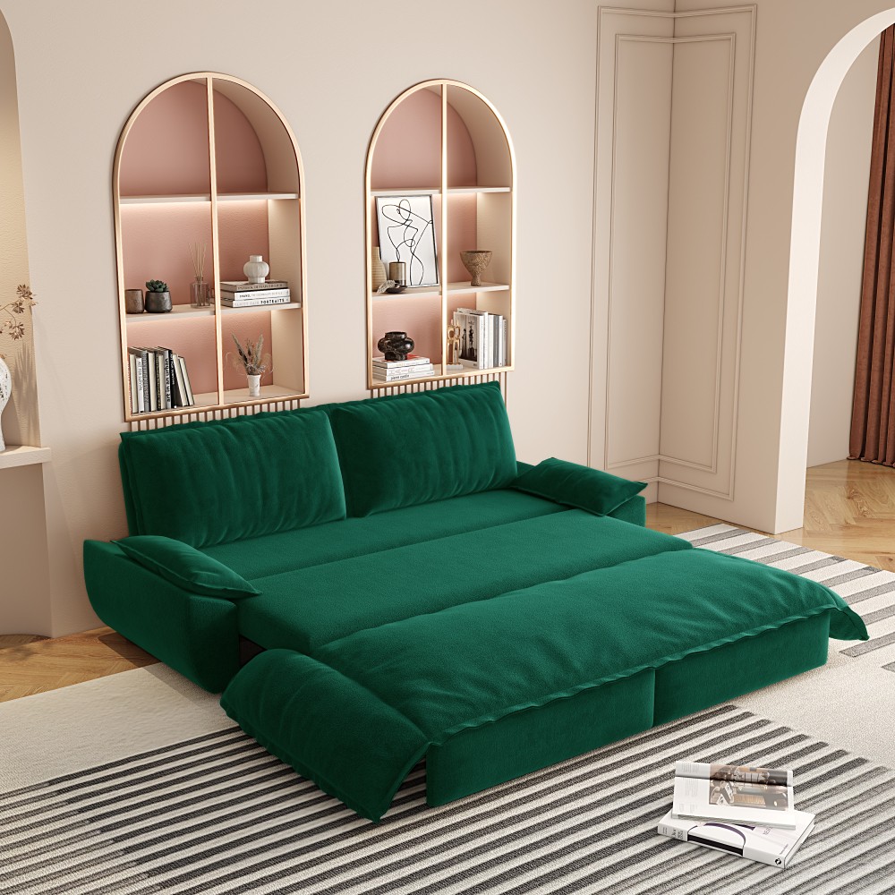 73in Roll Out Velvet Sleeper Sofa Bed w/ Queen Mattress, Multi-Functional 3-in-1