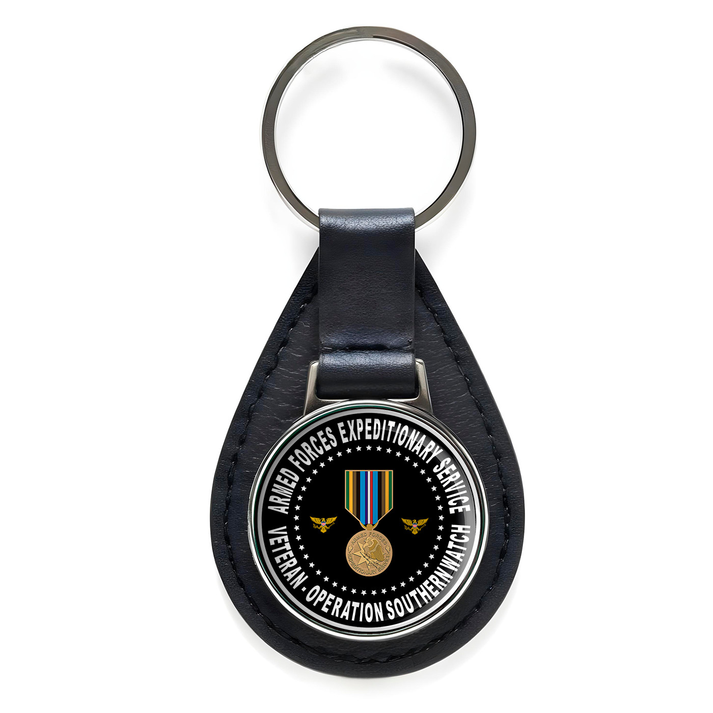 Armed Forces Expeditionary Service Veteran Black Leather Keychain Silver Keyring