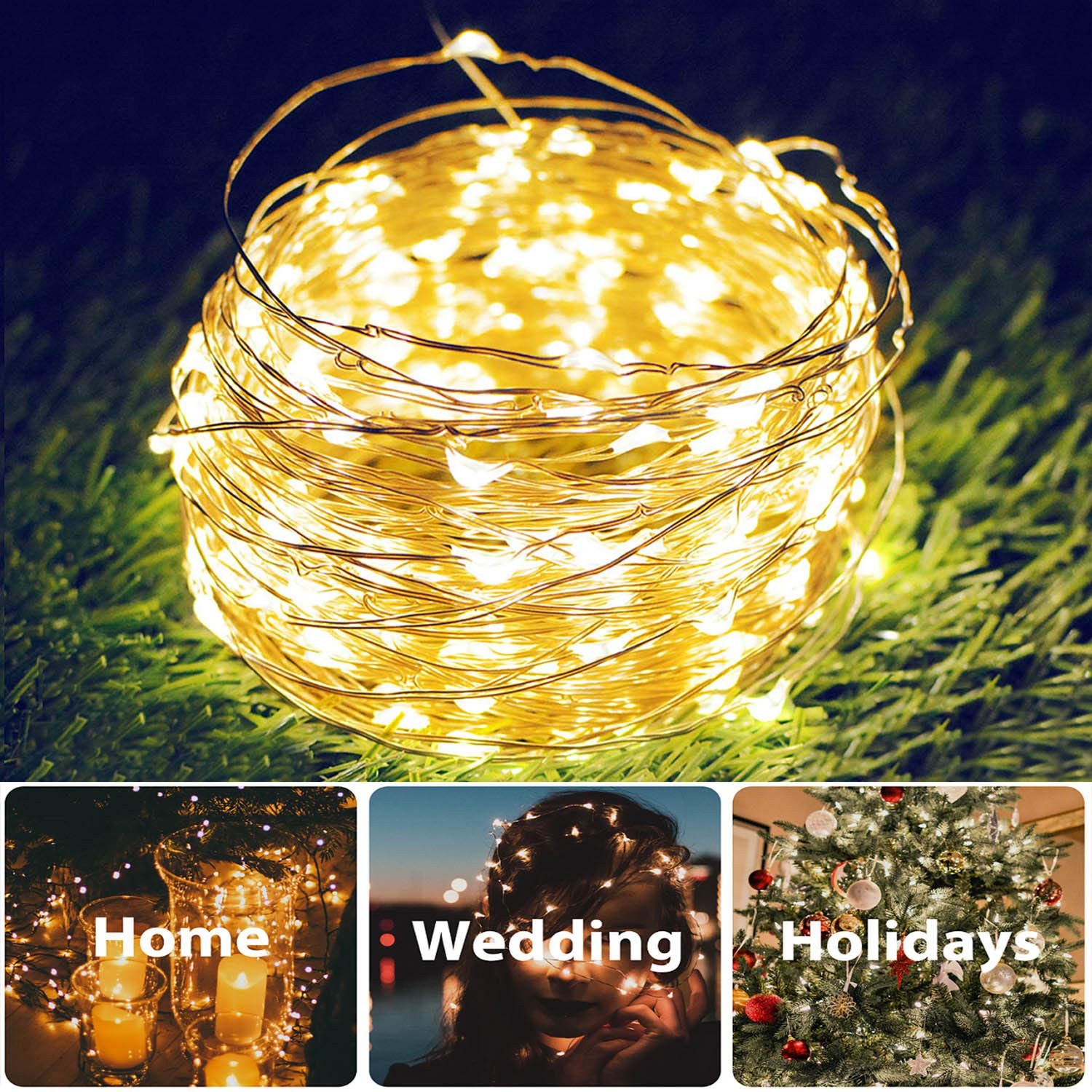 DAYLIGHTIR 2 Pack Total 200 LED 66FT Solar Powered Copper Wire String Lights ...