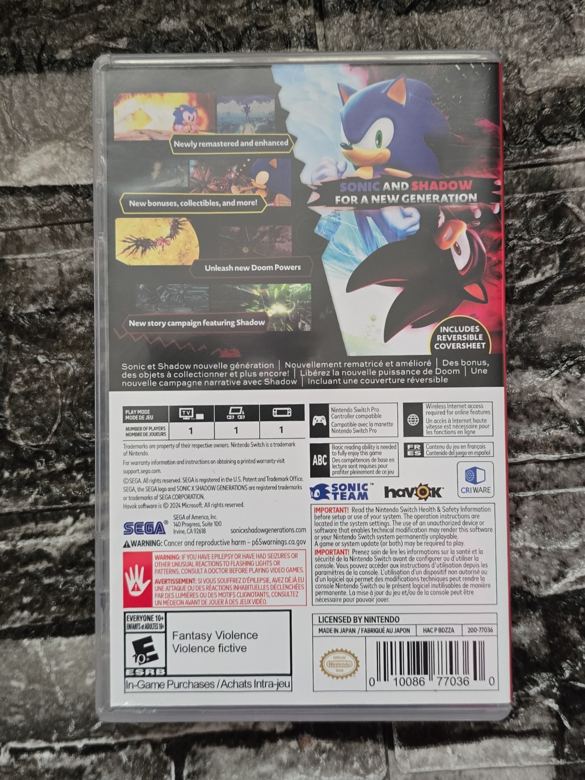 Sonic X Shadow Generations Nintendo Switch 2024 CASE ONLY - NO GAME