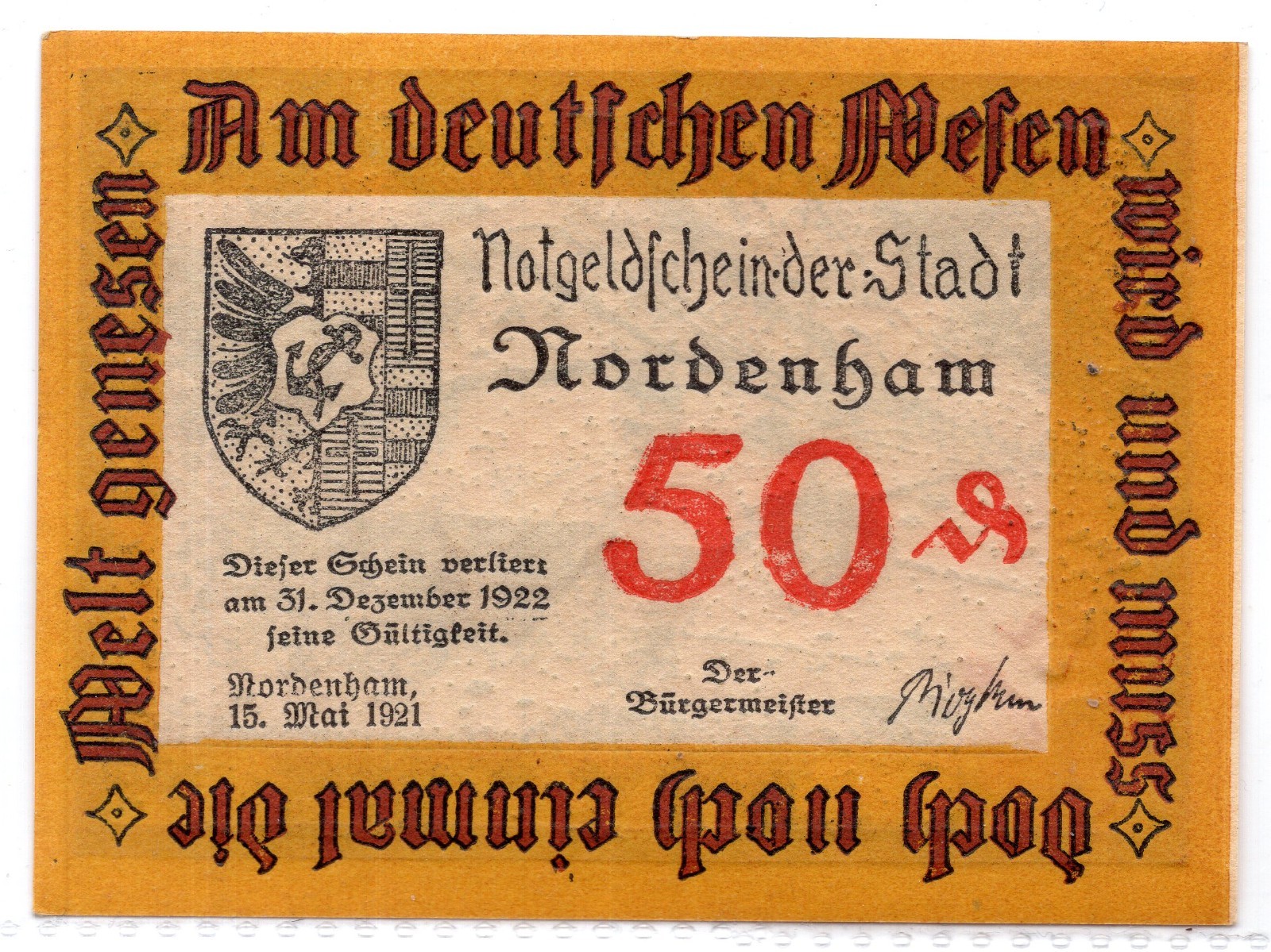 1921Germany Nordenham Notgeld 50 Pfennig Note (3880)