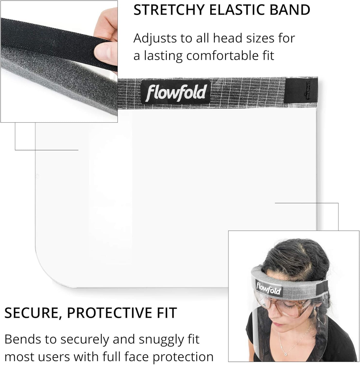 Flowfold Face Shields -- Case of 100 Protective Face Shields, Clear Plastic