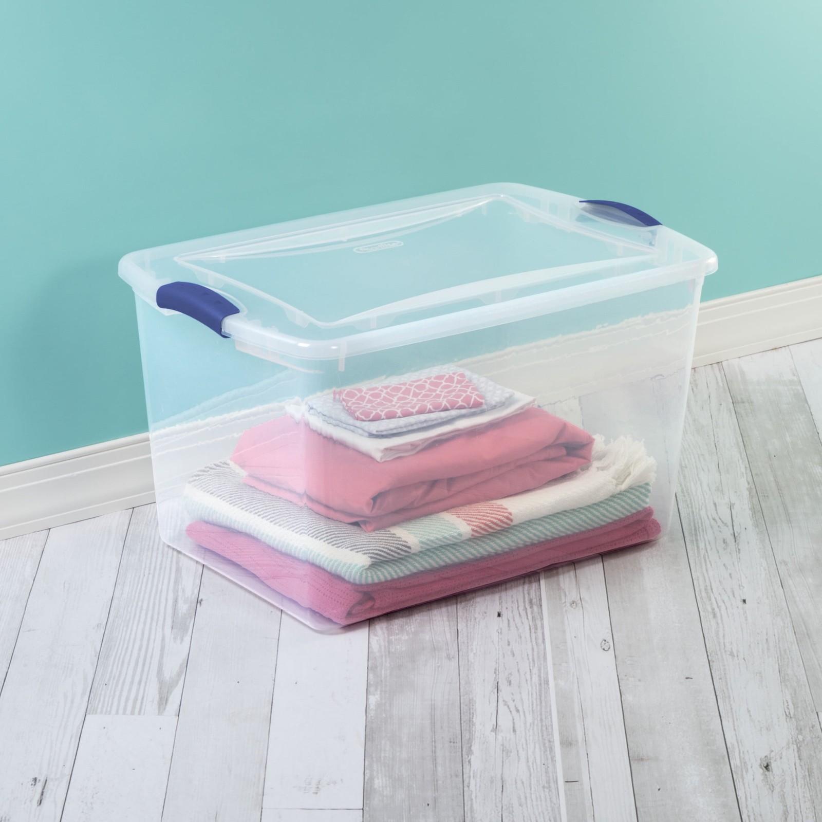 66 Quart Clear Storage Bin, Latching Lid Container, Blue