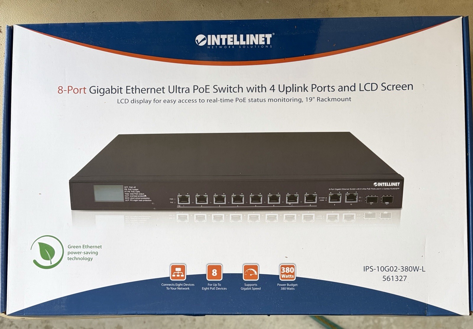 Intellinet 8-Port Gigabit Ethernet Ultra PoE W/ 4 Uplink Ports & LCD Screen NIB