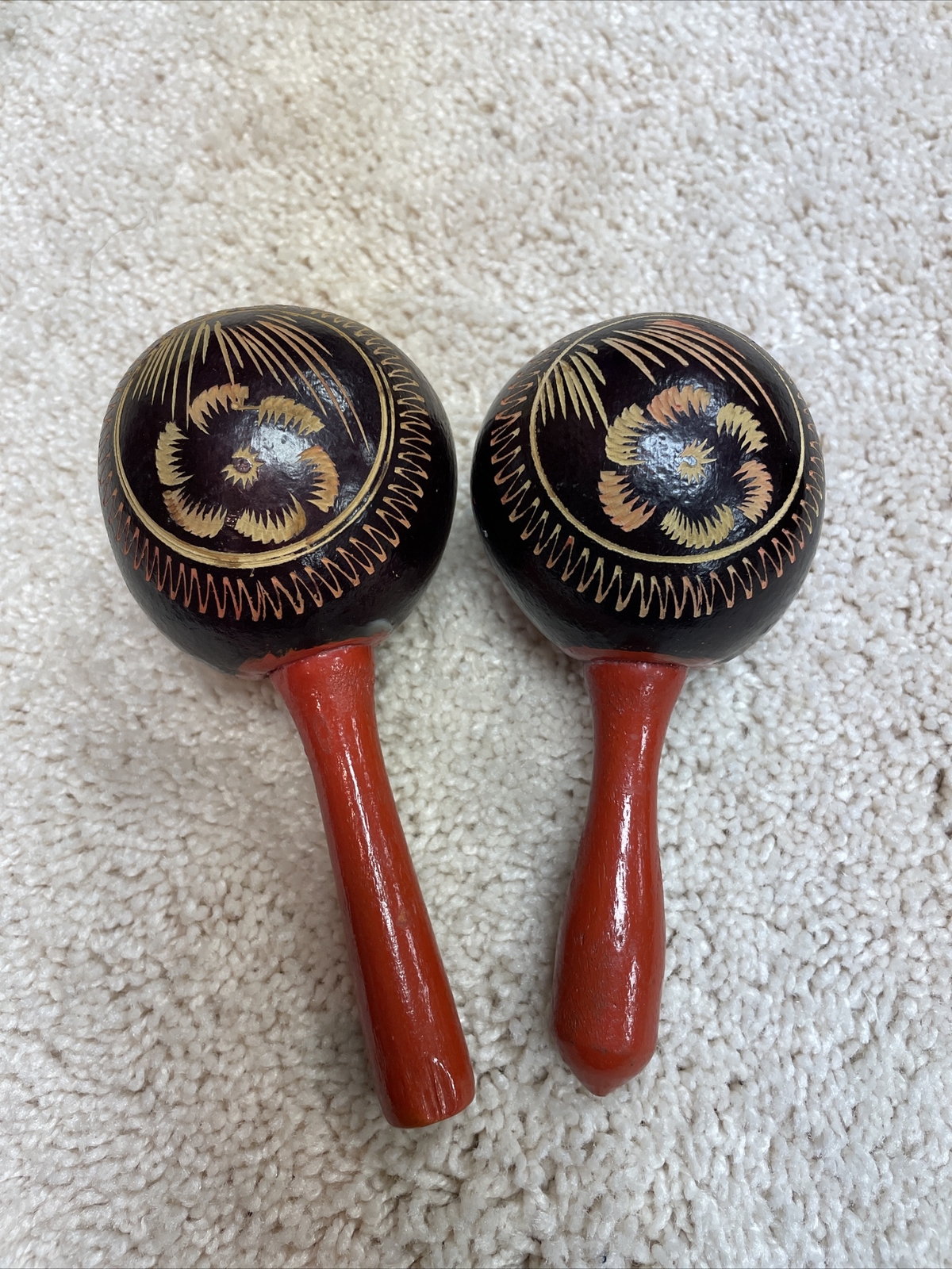 Vintage Hand Carved/Painted Wooden Maracas with Red Handles Preowned