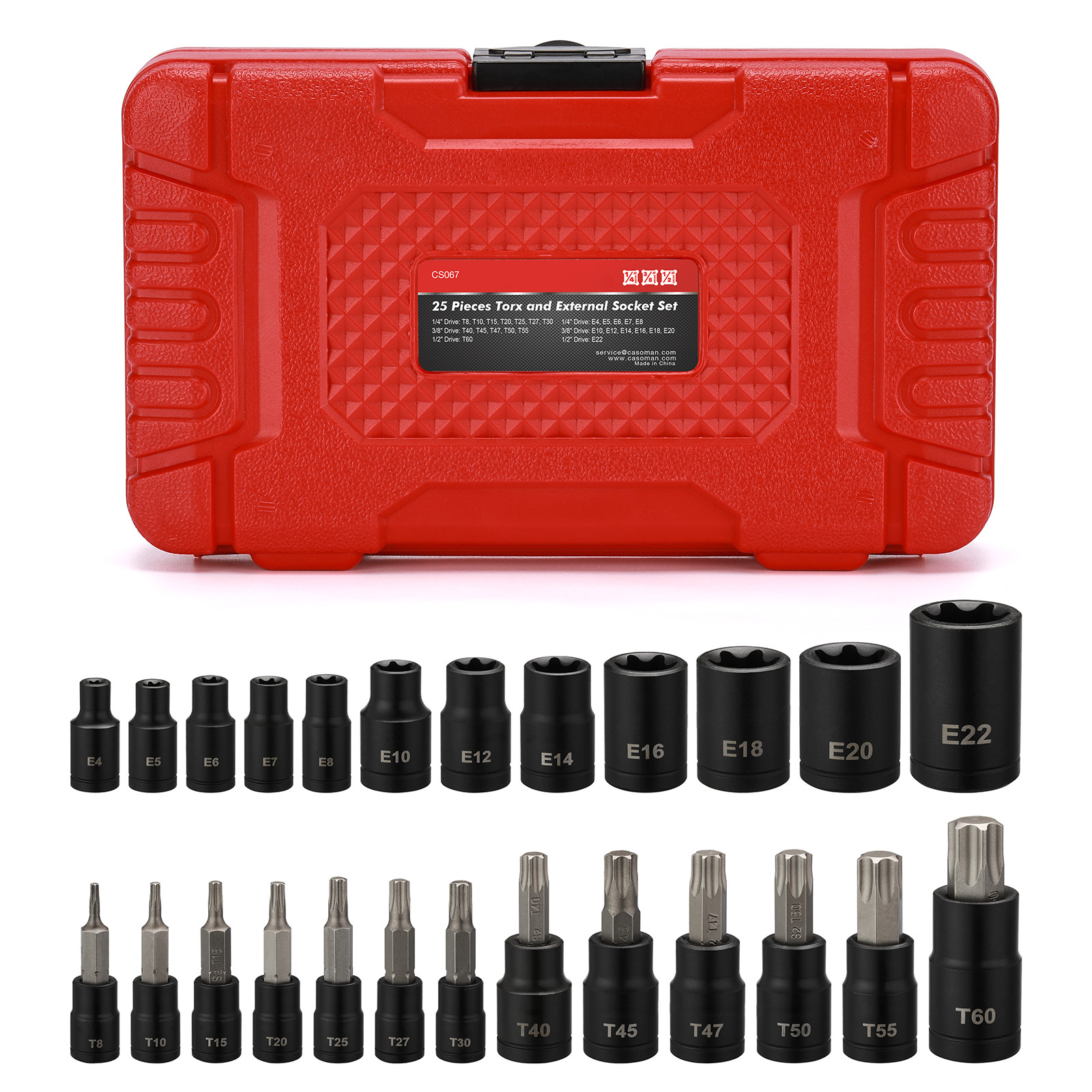 25PCS Torx Bit Socket and External Socket Set T8- T60 & 12 Female E-Torx Sockets