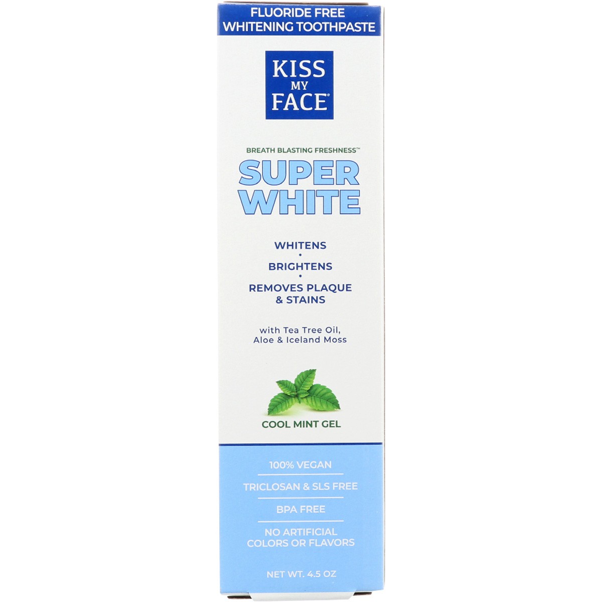 Kiss My Face Super White Toothpaste Fluoride Free Cool Mint Gel 4.5 Oz