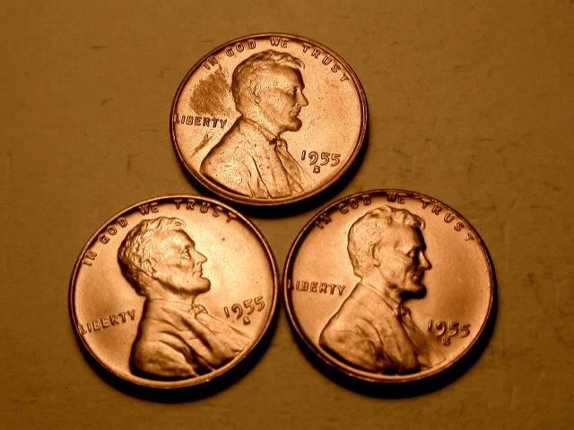 3 Different 1955-S Ch BU Red Uncirculated Lincoln Cent Obv. Die Break Errors#2