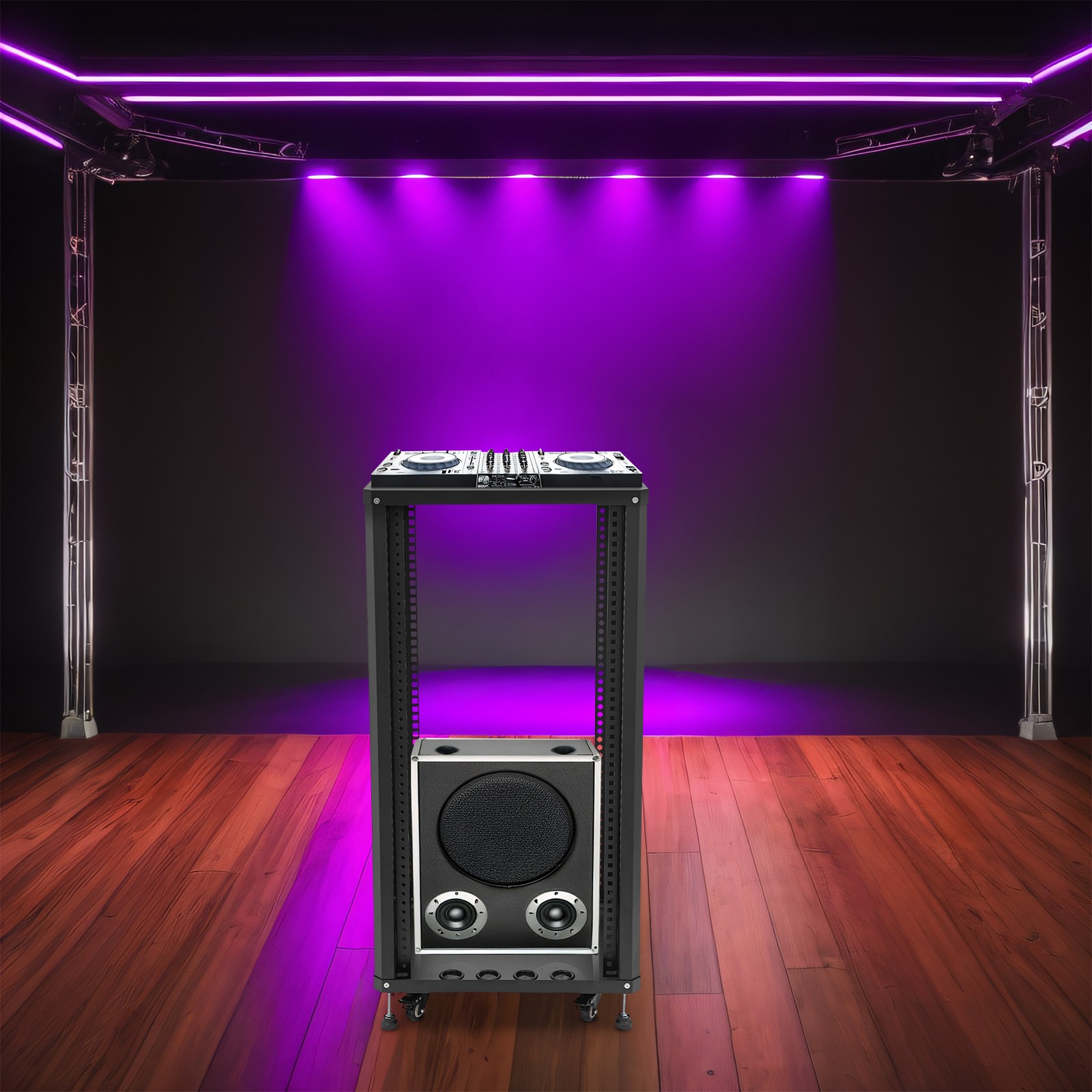 22U DJ Mixer Stand Rolling Stereo & Server Rack with Wheel Open Frame for Audio