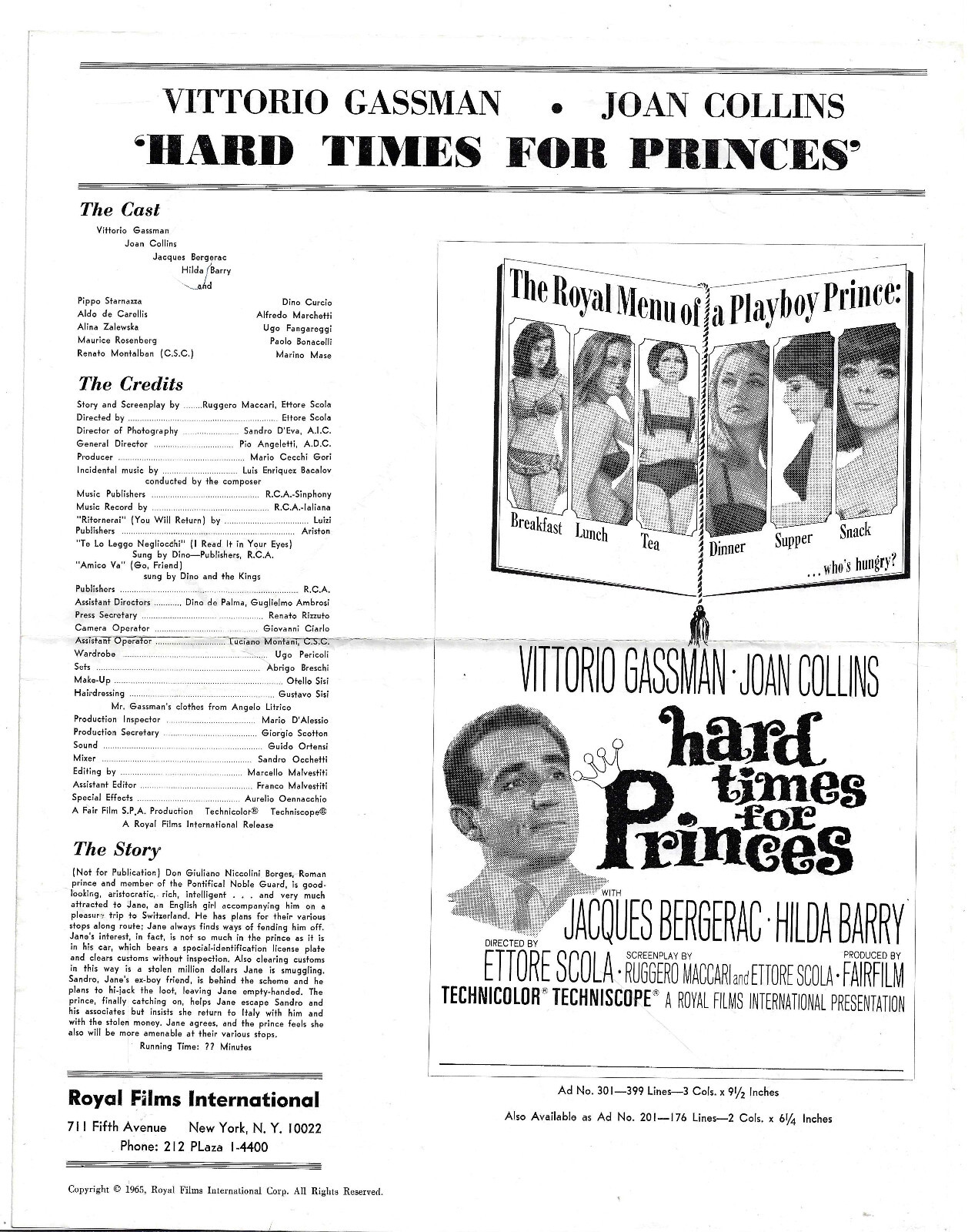 Ad sheet - pressbook, Hard Times for Princes, '65 Vittorio Gassman, Joan Collins