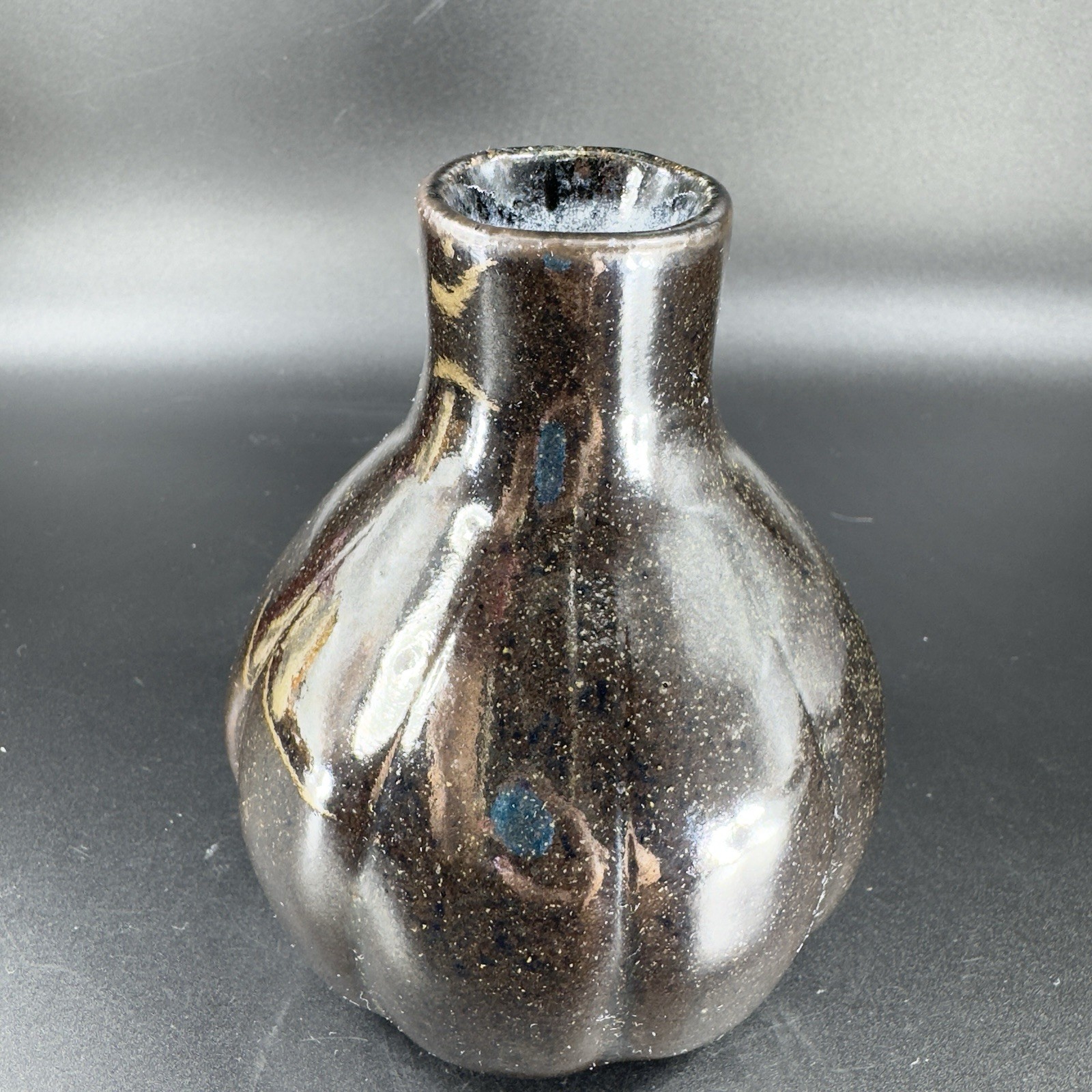 1980s Vintage Stoneware Pottery Vase Bottle Artist Signed Deep Brown Black Glaze